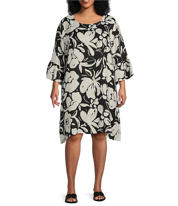 Bryn Walker Plus Size Phryne Light Linen Floral Crew Neck 3/4 Ruffled Bell  Sleeve Waistless Shift Dress | Dillard's