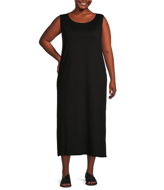 Color:Black - Image 1 - Plus Size Piers Stretch Modal Ponte Round Neck Sleeveless Midi Shift Dress