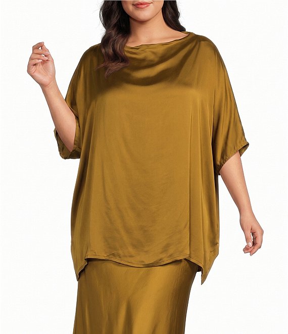 Bryn Walker Plus Size Satin Woven Draped Neck Cap Sleeve Oversized Tunic