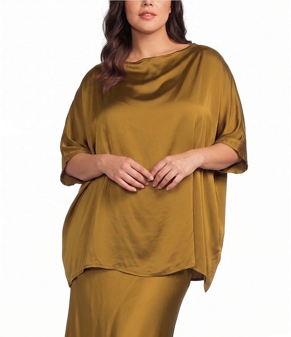 Bryn Walker Plus Size Satin Woven Draped Neck Cap Sleeve Oversized