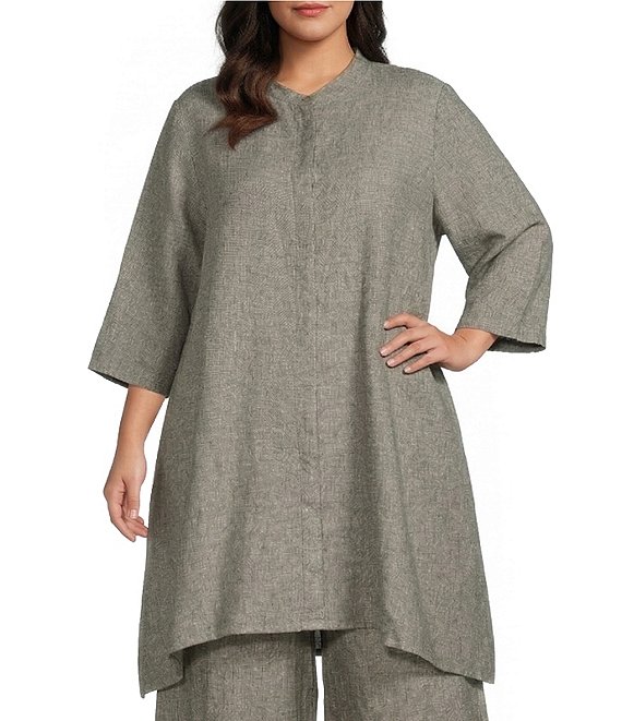 Bryn Walker Plus Winona Cross-Dyed Linen Mandarin Collar Elbow Sleeve Button Front Tunic