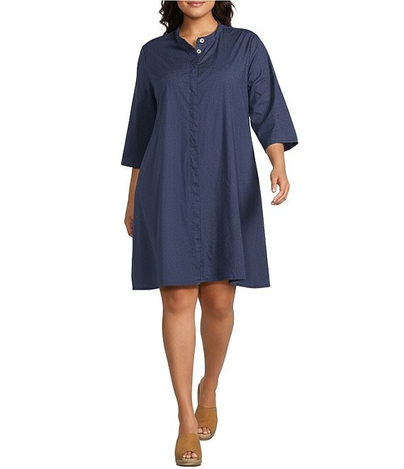 Bryn Walker Plus Winona Organic Cotton Poplin Mandarin Collar Elbow Sleeve Oversized Tunic