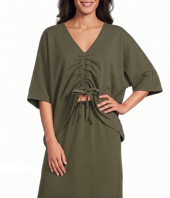 Bryn Walker Ria Cotton Jersey Knit V-Neck Dolman Sleeve Ruched Front Tie Coordinating Shirt