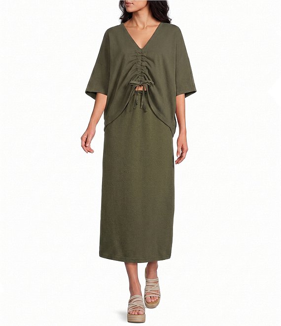 Bryn Walker Ria Cotton Jersey Knit V-Neck Dolman Sleeve Ruched Front Tie Coordinating Shirt