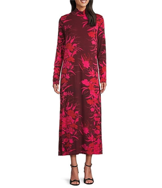 Bryn Walker Robin Fiori Printed Viscose Jersey Knit Mock Neck Long Sleeve Midi Dress, Mandevilla - Image 1