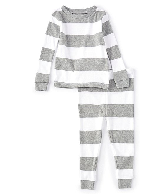 Color:Heather Grey - Image 1 - Baby 12-24 Months Long-Sleeve Rugby Stripe 2-Piece Pajamas Set