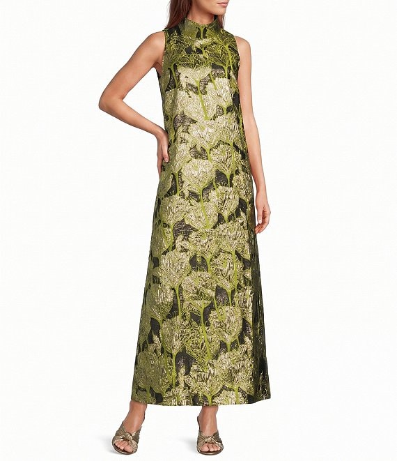 Buru Mod Coral Iris Print Mock Neck Sleeveless Shift Maxi Dress