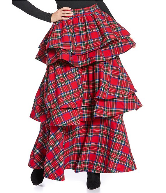 Buru Teagan Shimmer Tiered Ruffle Full Length Side Seam Pocket A-Line Skirt, Tartan Shimmer - Image 1