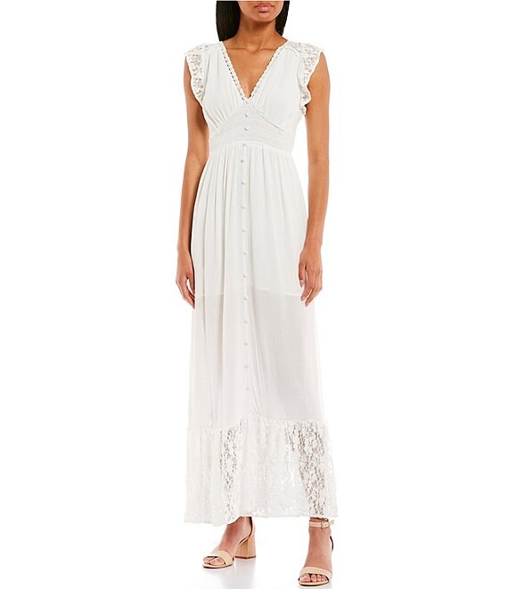 Button Front Bow Back Ruffle Maxi Dress