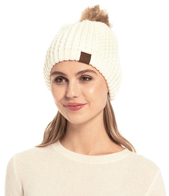 Color:Ivory - Image 1 - Solid Waffle Stich Faux Fur Pom Beanie