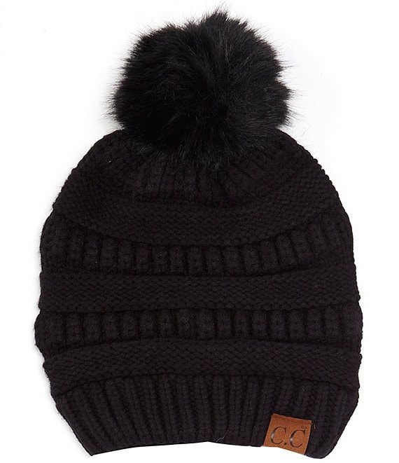 Beanie Hat with Faux Fur Pom-Pom Black / One Size