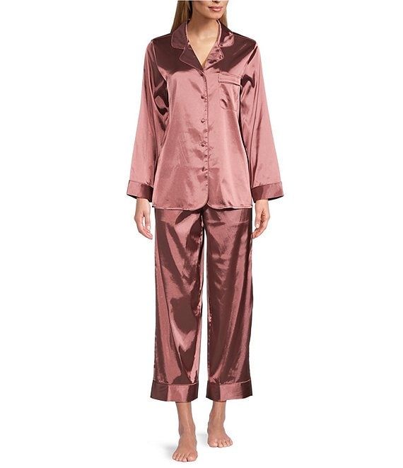 Cabernet Solid Woven Satin Notch Collar Long Sleeve Pajama Set | Dillard's