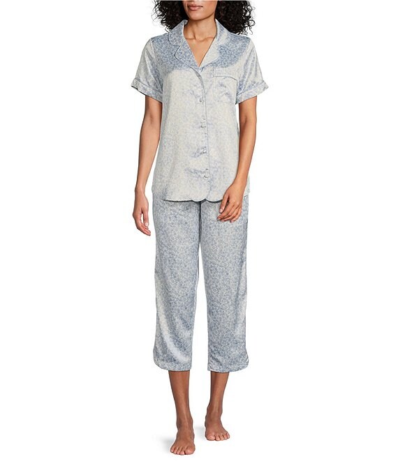 Cabernet Floral Print Woven Satin Notch Collar Short Sleeve Capri Pajama Set