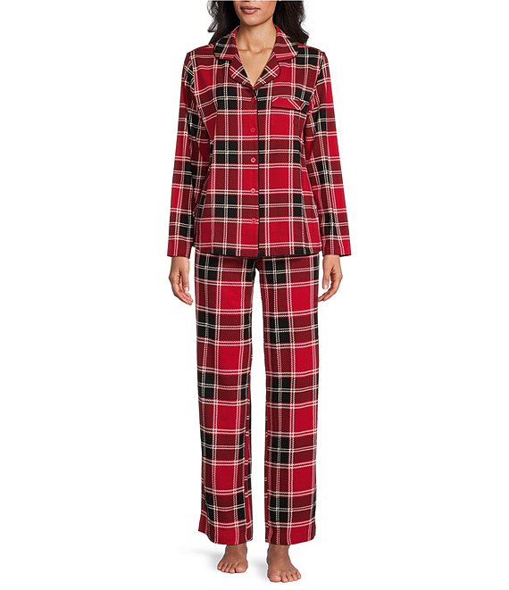 Cabernet Petite Size Plaid Print Long Sleeve Notch Collar Coordinating Knit Pajama Set