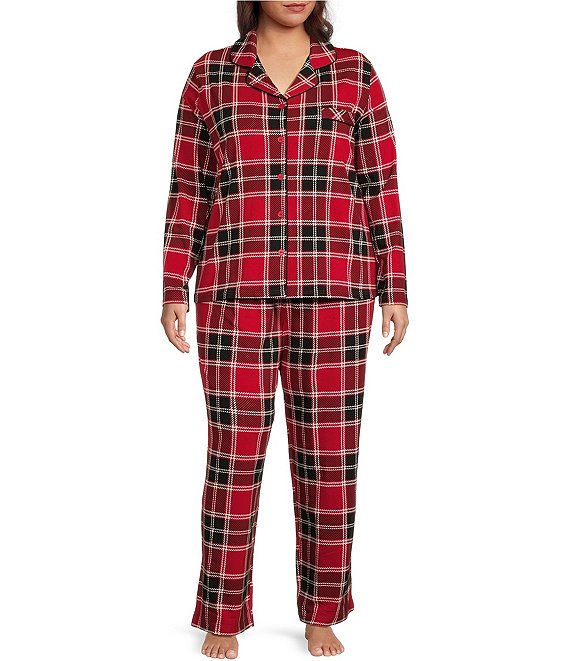 Cabernet Plus Size Plaid Print Long Sleeve Notch Collar Coordinating Knit Pajama Set