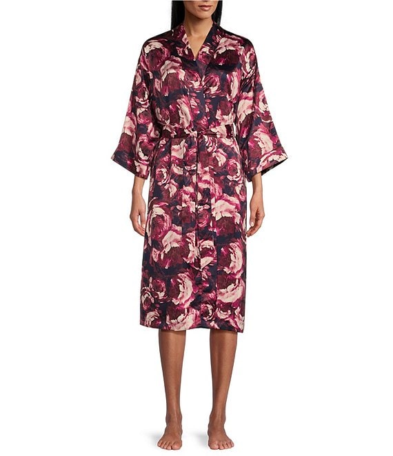 Cabernet Satin Floral Print 3/4 Sleeve Short Wrap Robe | Dillard's