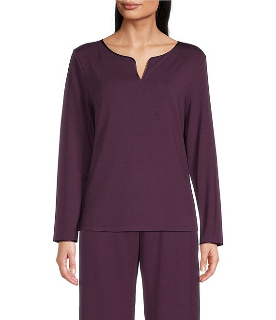 Cabernet Solid French Terry Split Round Neck Long Sleeve Coordinating Sleep Top