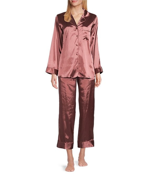 Cabernet Solid Satin Notch Collar Long Sleeve Pajama Set | Dillard's