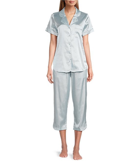 Cabernet Woven Solid Blue Satin Short Sleeve Capri Pajama Set