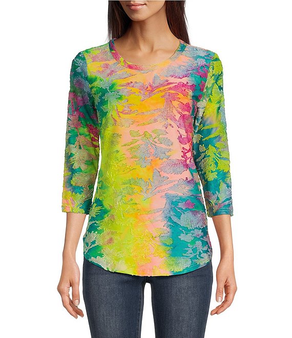 Calessa Abstract Paisley Tie Dye Print Jacquard 3/4 Sleeve Shirt ...