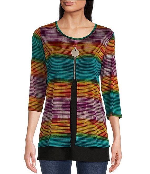 Calessa Abstract Striped Print Mesh Knit Scoop Neck 3/4 Sleeve Zipper ...