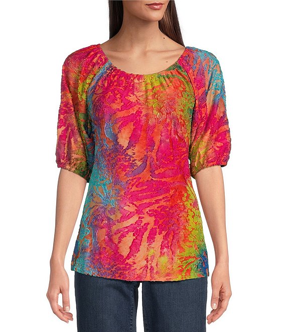 Calessa Abstract Tie Dye Burnout Knit Scoop Neck Elbow Sleeve Tunic ...