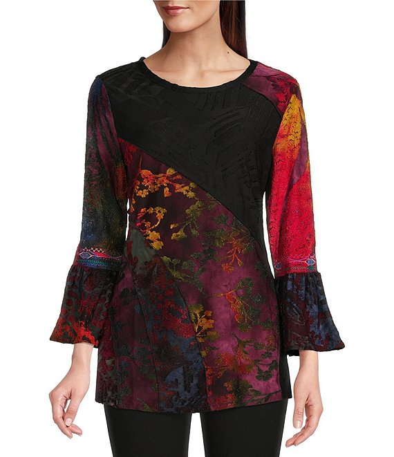 Color:Purple/Multi - Image 1 - Burnout Patchwork Knit Print Jewel Neck 3/4 Bell Cuff Sleeve Tunic