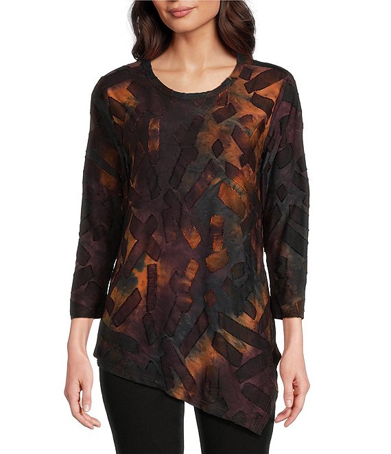 Calessa Burnout Tie-Dye Crew Neck 3/4 Sleeve Asymmetric Tunic, Chocolate Multi - Image 1