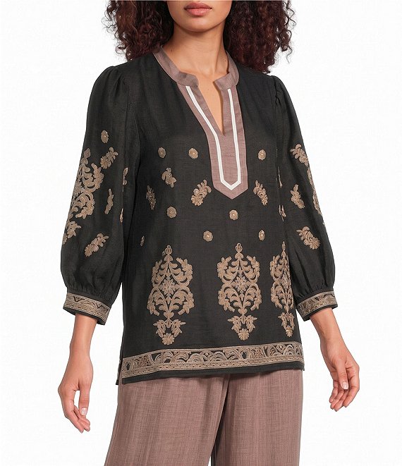 Calessa Contrast Bib Stand Collar 3/4 Puff Sleeves Embroidered Tunic