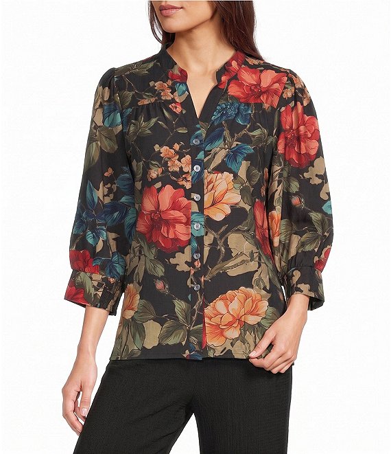 Calessa Coordinating Woven Floral V-Neck 3/4 Sleeve Button Front Blouse