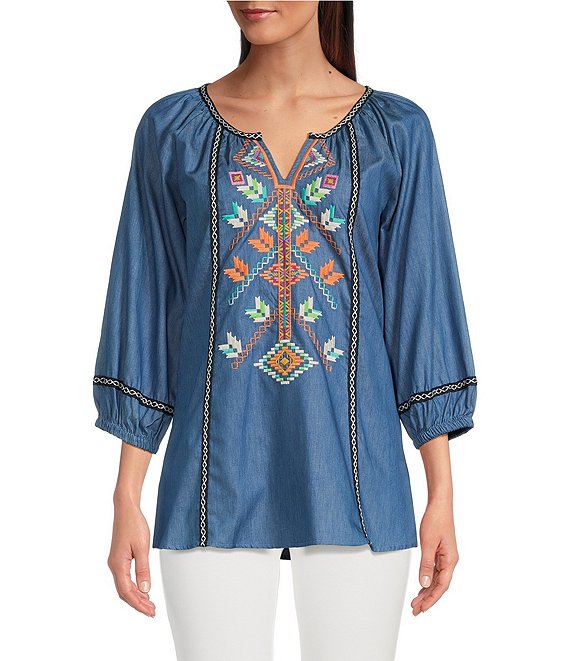 Calessa Embroidered Denim Split Round 3/4 Sleeve Tunic | Dillard's