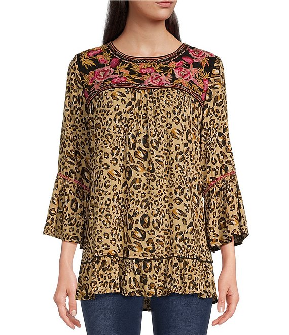 Calessa Embroidered Patchwork Cheetah Print 3/4 Bell Sleeve Tunic ...