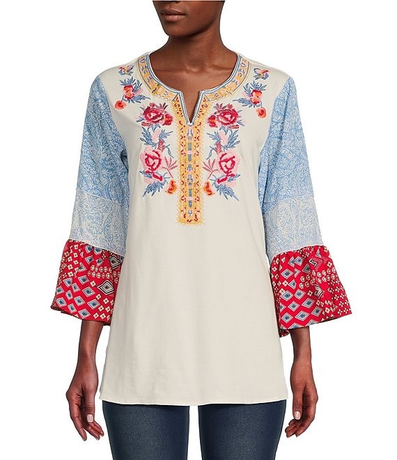 Calessa Embroidered Patchwork Print Split Round Neck 3/4 Double Tiered ...