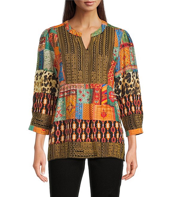 Calessa Patchwork Embroidered Split V-Neck 3/4 Sleeve Tunic, Black Multi - Image 1