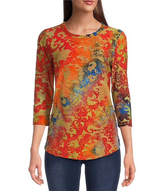 Calessa Jacquard Burnout Paisley Tie Dye Print 3/4 Sleeve Shirt | Dillard's