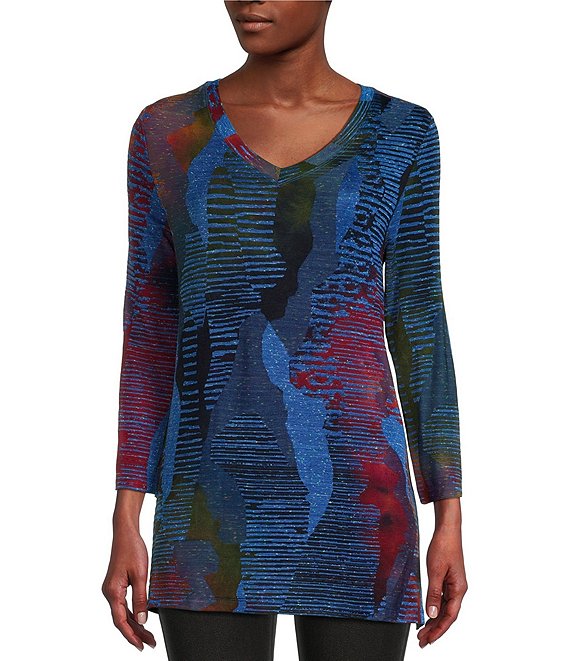 Calessa Jacquard Knit V-Neck 3/4 Sleeve Spacedye Print Tunic | Dillard's