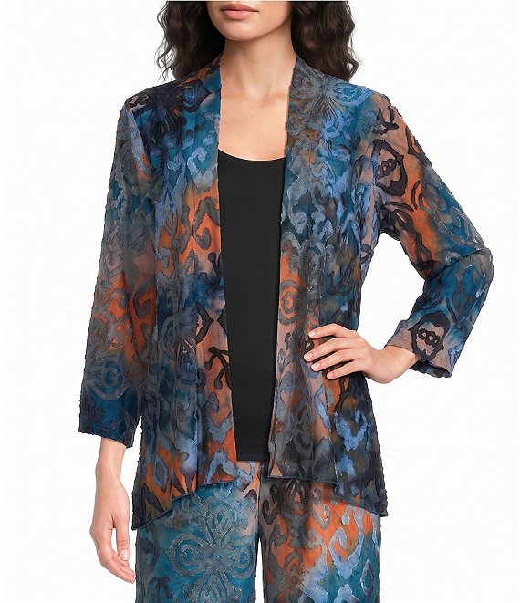 Calessa Knit Burnout Draped Front 3/4 Sleeve Open Front Cardigan