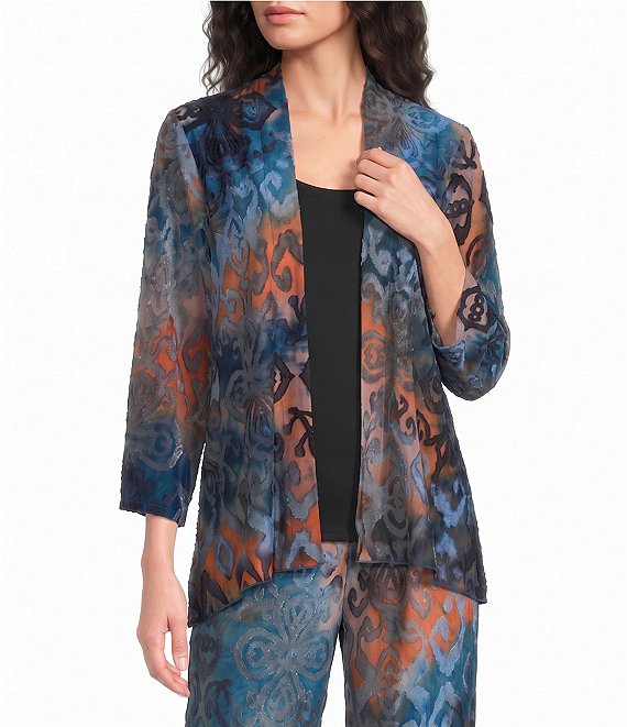 Calessa Knit Burnout Draped Front 3/4 Sleeve Open Front Coordinating Cardigan