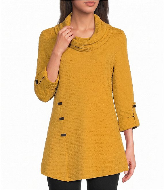 Calessa Knit Cowl Neck 3/4 Roll-Tab Sleeve Tunic