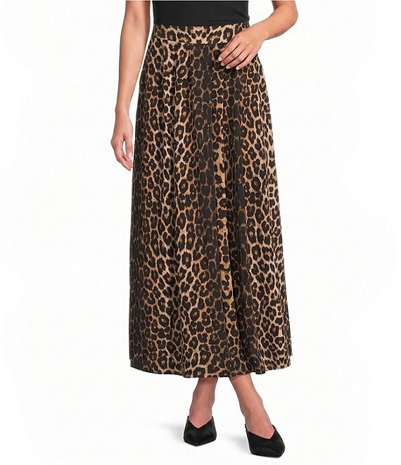Calessa Knit Leopard Print Pull-On A-Line Midi Skirt