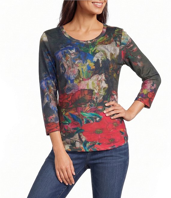 Calessa Knit Multicolor Digital Crew Neck 3/4 Sleeve Top