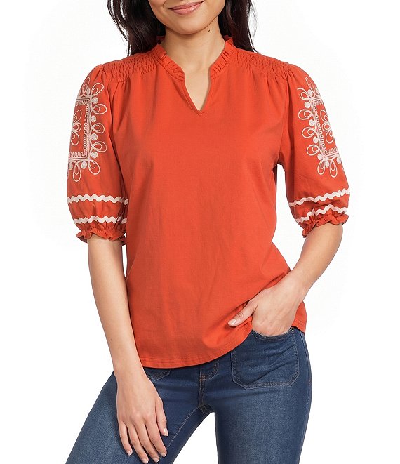 トップス ARTS&SCIENCE Bulky a Slip-on Blouse Calessa Knit Split V-Neck Embroidered Elbow Length Balloon Sleeve