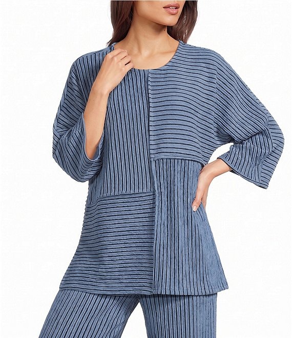 Calessa Knit Stripe Scoop Neck Short Sleeve Asymmetric Top