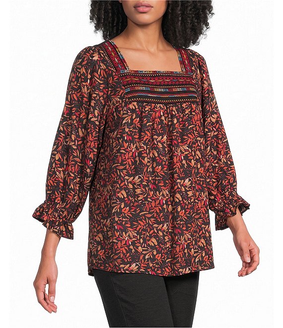Calessa Leaf Print Embroidered Square Neck Elbow Sleeve Coordinating Tunic