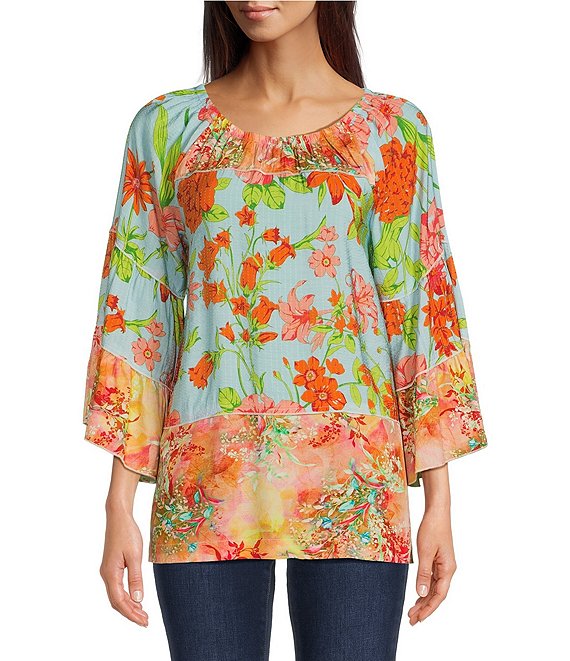 Calessa Patchwork Floral Print Scoop Neck 3 4 Sleeve Tunic 