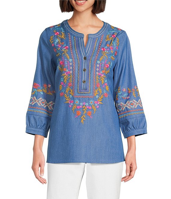 Calessa Petite Size Embroidered Patchwork Split V-Neck 3/4 Sleeve Tunic, Indigo Multi - Image 1
