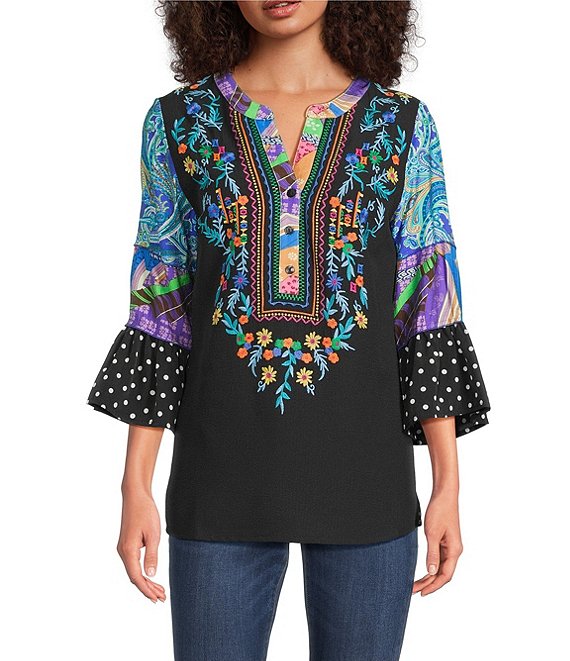 Calessa Petite Size Embroidered Patchwork Split V-Neck 3/4 Sleeve Tunic, Black Multi - Image 1