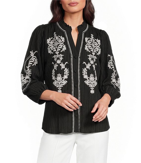 Calessa Petite Size Embroidered Ruffle Split V-Neck 3/4 Sleeve Button Front Tunic