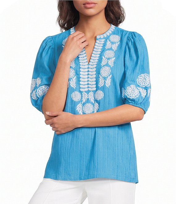 Calessa Petite Size Embroidered Split V-Neck Elbow Puff Sleeve Tunic