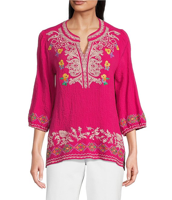 Calessa Petite Size Embroidered Split V-Neck Long Sleeve